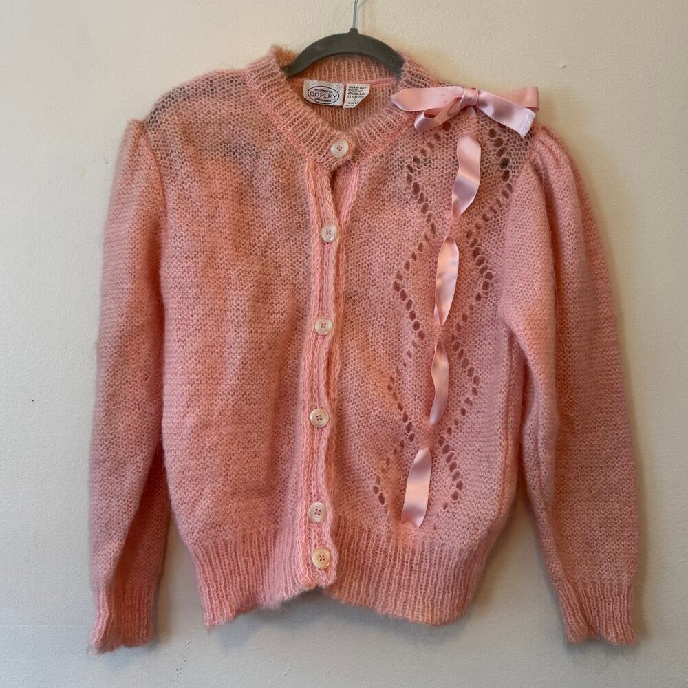 Vintage Copley Jordan Marsh Pink Mohair Wool Ribbon Cardigan Size S